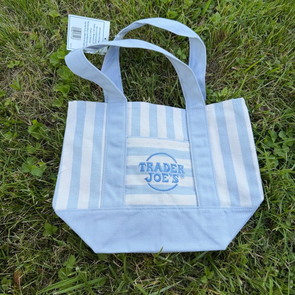 Trader Joe's Mini Canvas‎ Tote Bag Light Blue White Striped Limited Edition NWT